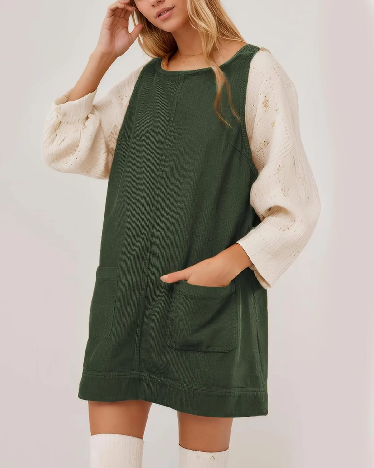 Kedera Women's Corduroy Overall Dress Scoop Neck A Line Pinafore Mini Dress Skirtall Jumper Dress with Pockets