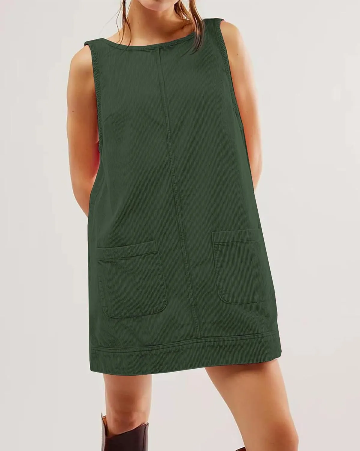 Kedera Women's Corduroy Overall Dress Scoop Neck A Line Pinafore Mini Dress Skirtall Jumper Dress with Pockets