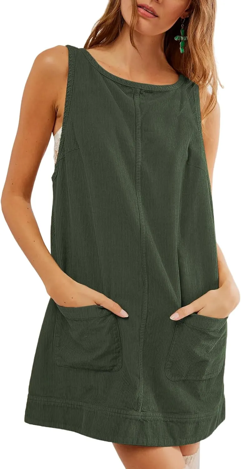Kedera Women's Corduroy Overall Dress Scoop Neck A Line Pinafore Mini Dress Skirtall Jumper Dress with Pockets