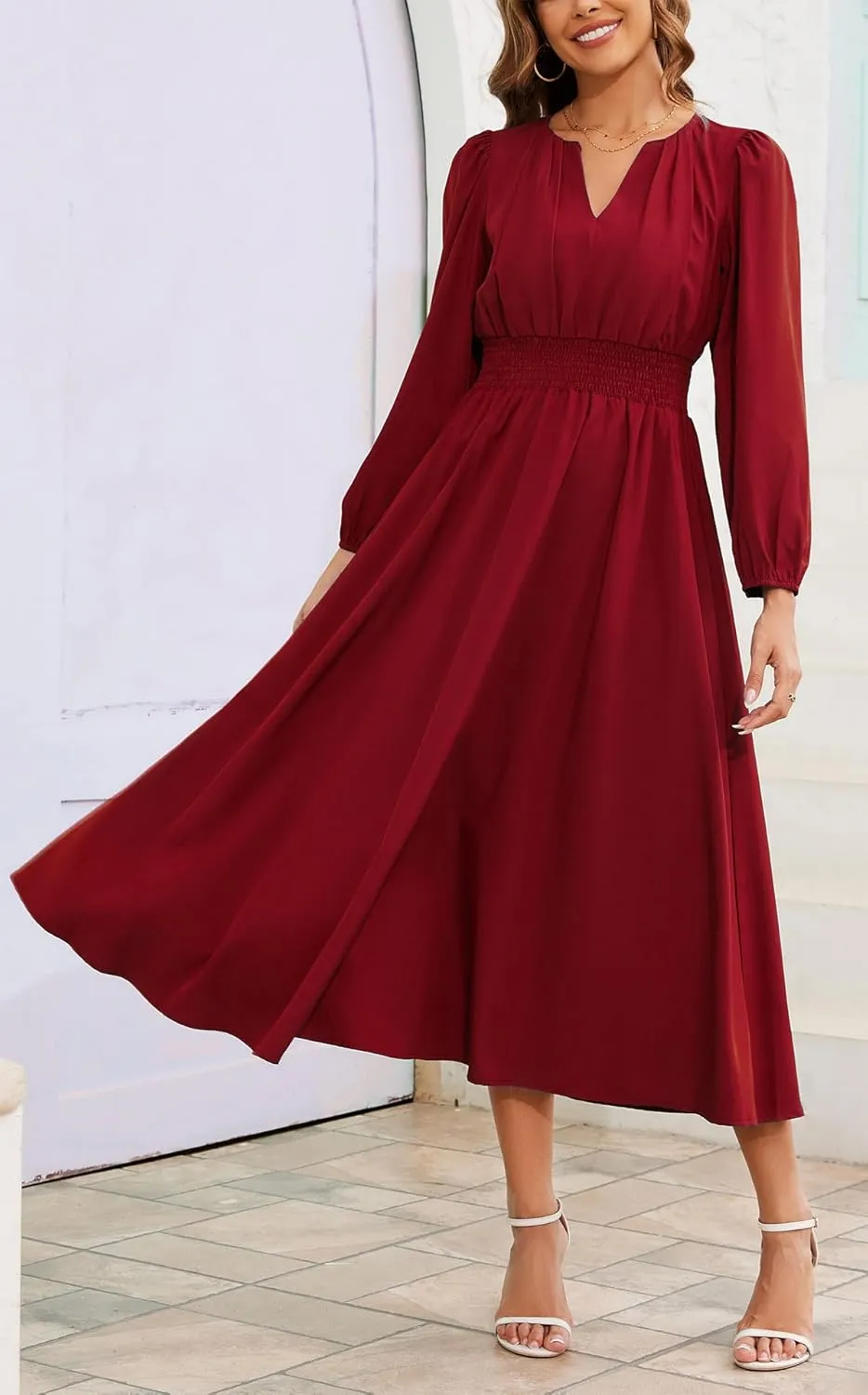 Kormei Women's Fall Maxi Dress Long Sleeve V Neck Casual Flowy A Line Cocktail Party Wedding Guest Dresses