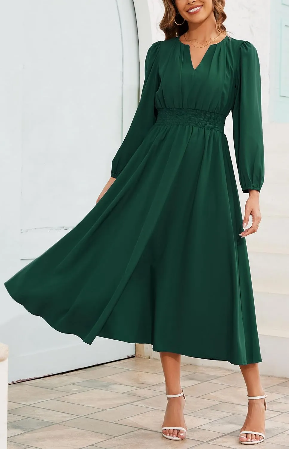 Kormei Women's Fall Maxi Dress Long Sleeve V Neck Casual Flowy A Line Cocktail Party Wedding Guest Dresses