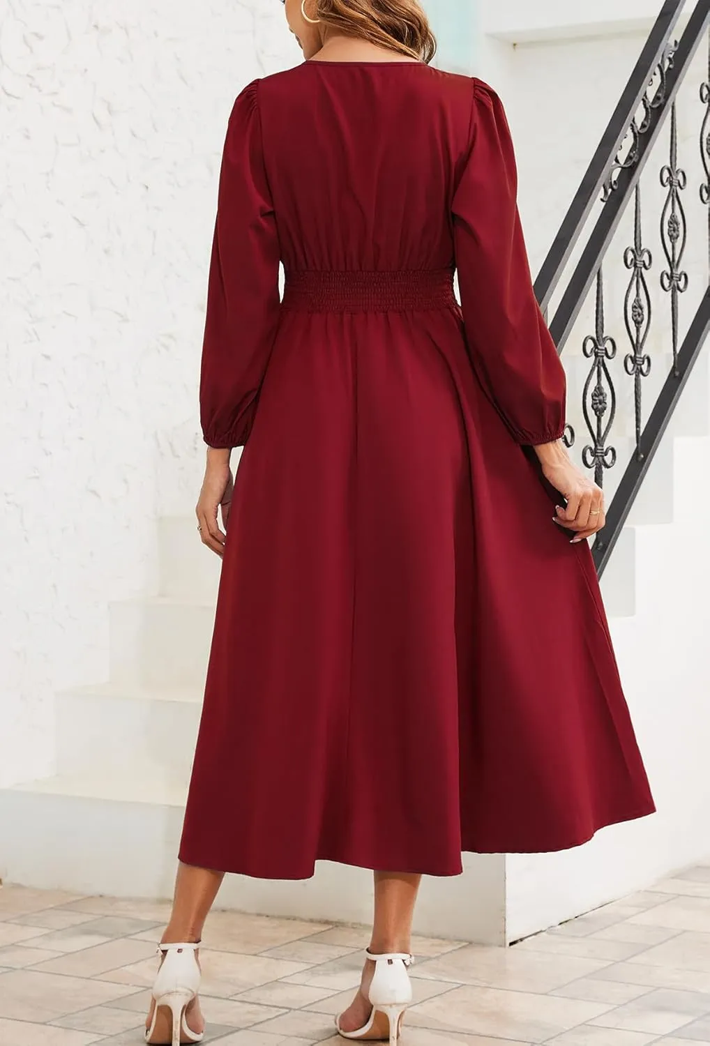 Kormei Women's Fall Maxi Dress Long Sleeve V Neck Casual Flowy A Line Cocktail Party Wedding Guest Dresses