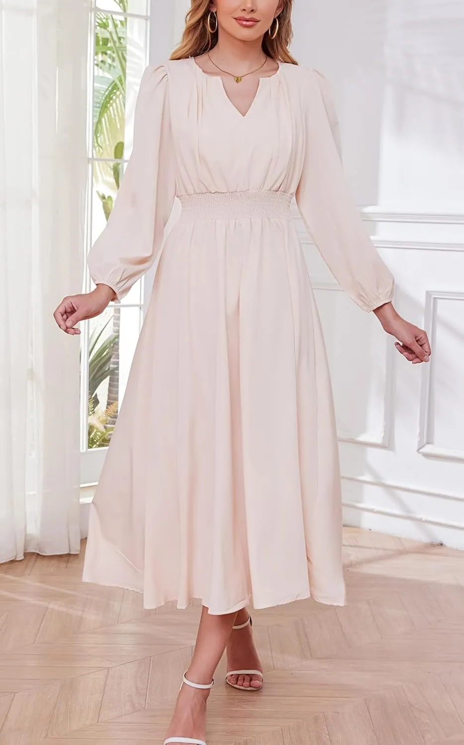 Kormei Women's Fall Maxi Dress Long Sleeve V Neck Casual Flowy A Line Cocktail Party Wedding Guest Dresses