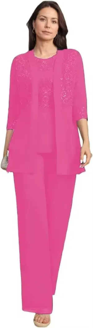 Lace Sequin Mother of The Bride Pant Suits with Jackets 3 Pieces 3/4 Sleeve Mother of The Groom Dresses for Wedding