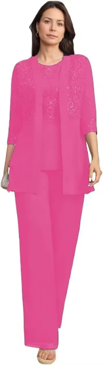 Lace Sequin Mother of The Bride Pant Suits with Jackets 3 Pieces 3/4 Sleeve Mother of The Groom Dresses for Wedding