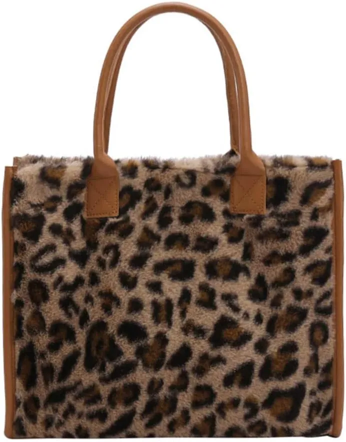 Leopard Animal Print Plush Handbag, Retro Women Leather Cows Print Tote Bag Leisure Large Capacity Shoulder Bag, Leopard Brown