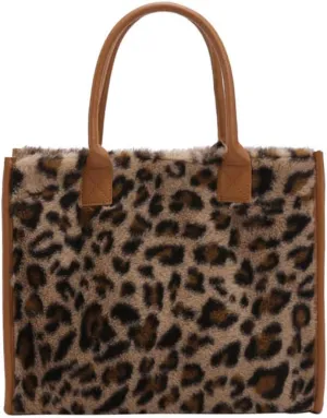 Leopard Animal Print Plush Handbag, Retro Women Leather Cows Print Tote Bag Leisure Large Capacity Shoulder Bag, Leopard Brown