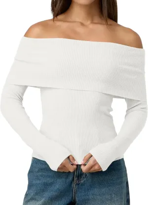 LILLUSORY Womens Off The Shoulder Sweater Fall Long Sleeve Going Out Y2k Tops Winter Date Night Outfits