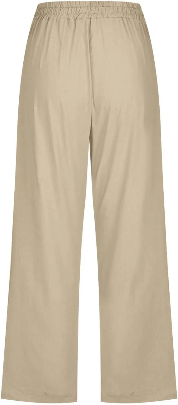 Linen Capri Pants for Women Casual Summer 2024 High Waist Drawstring Wide Leg Lounge Pant Resort Wear Cropped Trouser