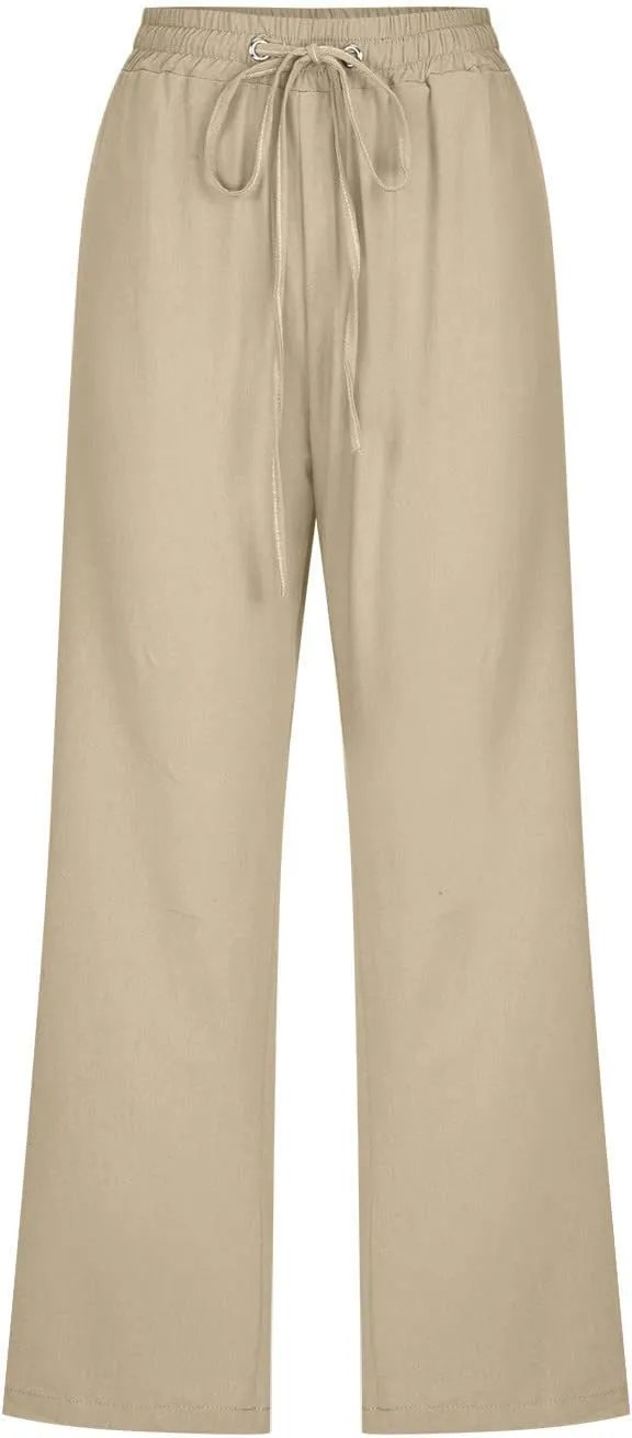 Linen Capri Pants for Women Casual Summer 2024 High Waist Drawstring Wide Leg Lounge Pant Resort Wear Cropped Trouser