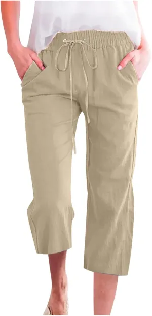 Linen Capri Pants for Women Casual Summer 2024 High Waist Drawstring Wide Leg Lounge Pant Resort Wear Cropped Trouser