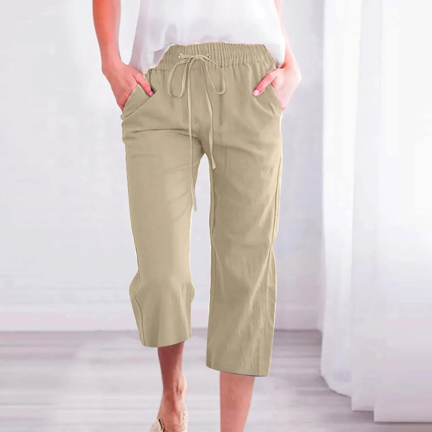 Linen Capri Pants for Women Casual Summer 2024 High Waist Drawstring Wide Leg Lounge Pant Resort Wear Cropped Trouser
