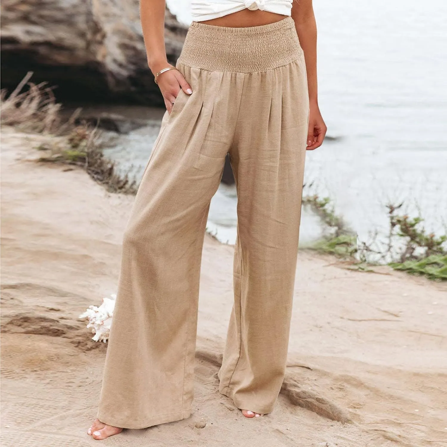 Linen Palazzo Pants for Women 2024 Summer High Waisted Wide Leg Pants Loose Casual Comfy Flowy Beach Lounge Trousers