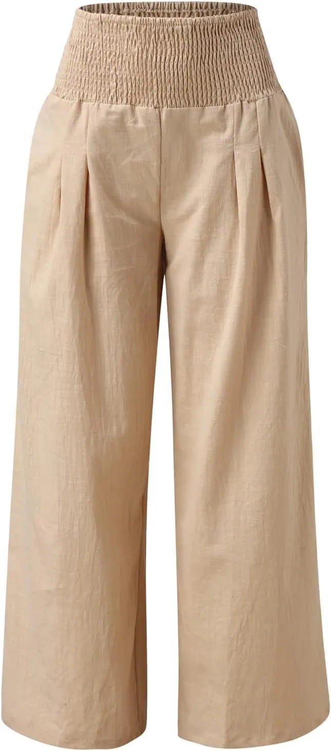 Linen Palazzo Pants for Women 2024 Summer High Waisted Wide Leg Pants Loose Casual Comfy Flowy Beach Lounge Trousers