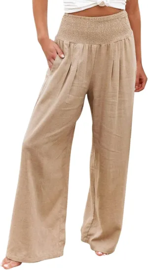 Linen Palazzo Pants for Women 2024 Summer High Waisted Wide Leg Pants Loose Casual Comfy Flowy Beach Lounge Trousers