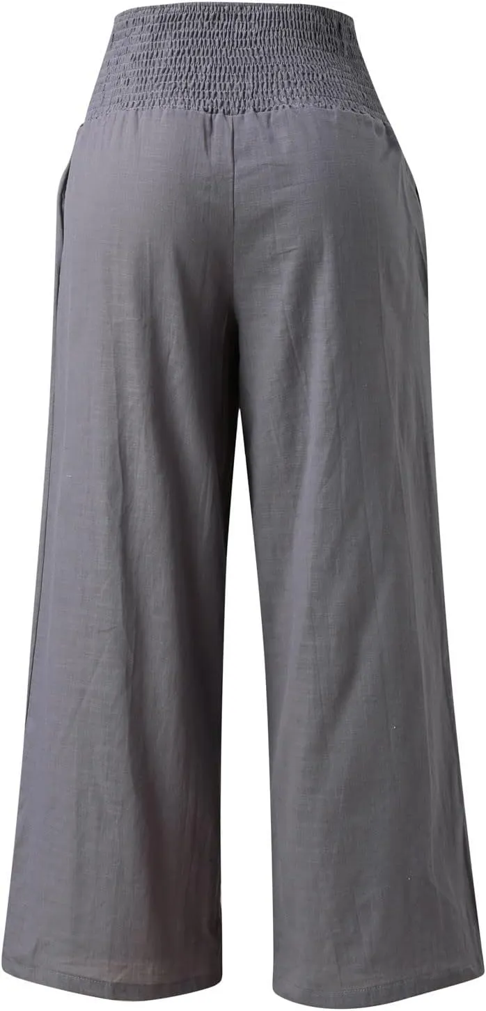 Linen Palazzo Pants for Women 2024 Summer High Waisted Wide Leg Pants Loose Casual Comfy Flowy Beach Lounge Trousers