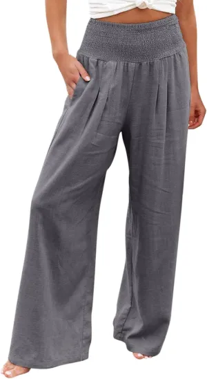 Linen Palazzo Pants for Women 2024 Summer High Waisted Wide Leg Pants Loose Casual Comfy Flowy Beach Lounge Trousers