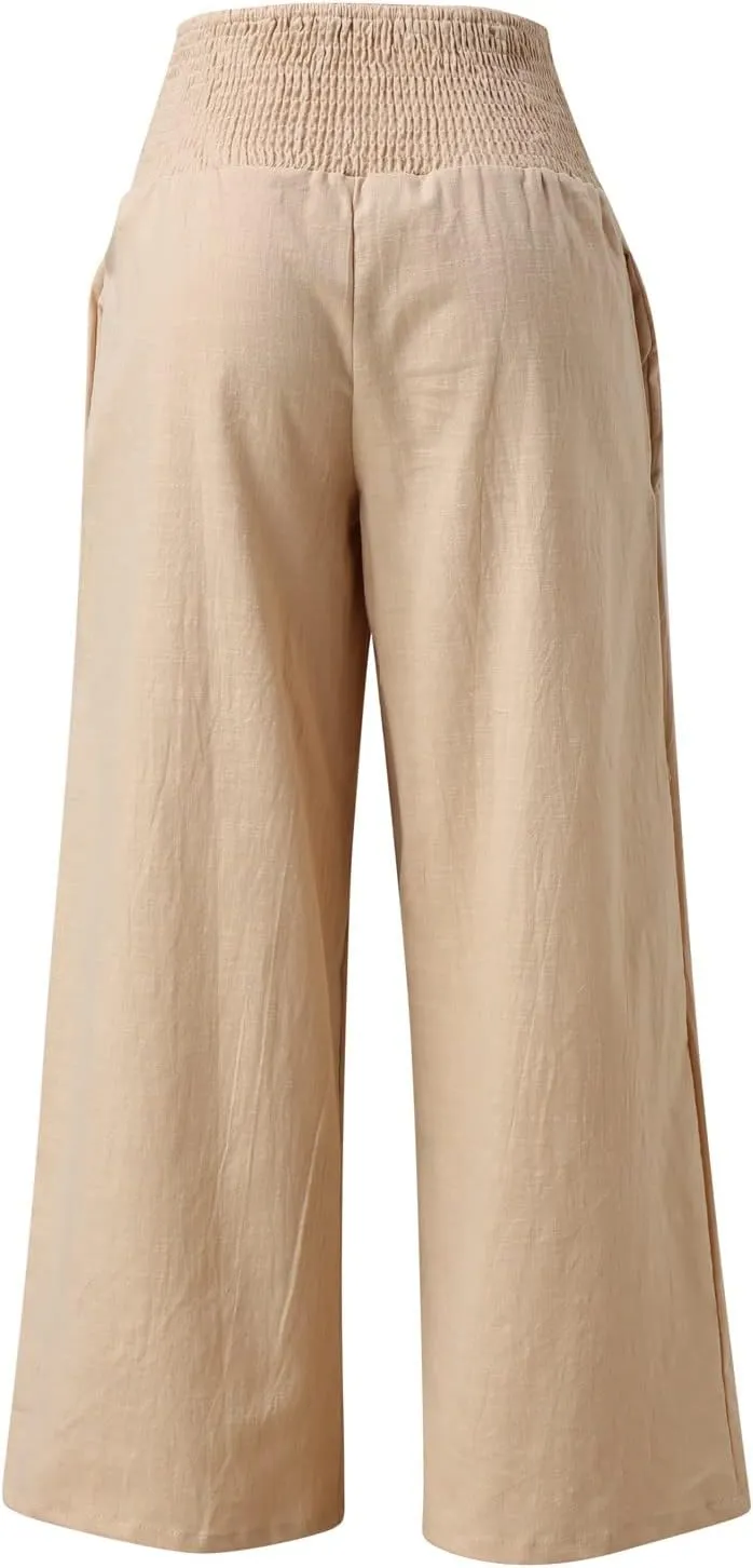 Linen Palazzo Pants for Women 2024 Summer High Waisted Wide Leg Pants Loose Casual Comfy Flowy Beach Lounge Trousers