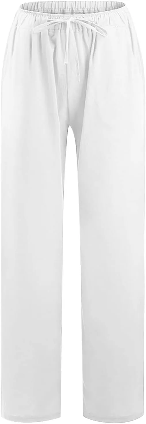 Linen Wide Leg Pants for Women Casual Summer 2024 Loose Comfy Lounge Pant Resort Wear Beach Drawstring Trousers