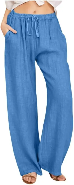 Linen Wide Leg Pants for Women Casual Summer 2024 Loose Comfy Lounge Pant Resort Wear Beach Drawstring Trousers