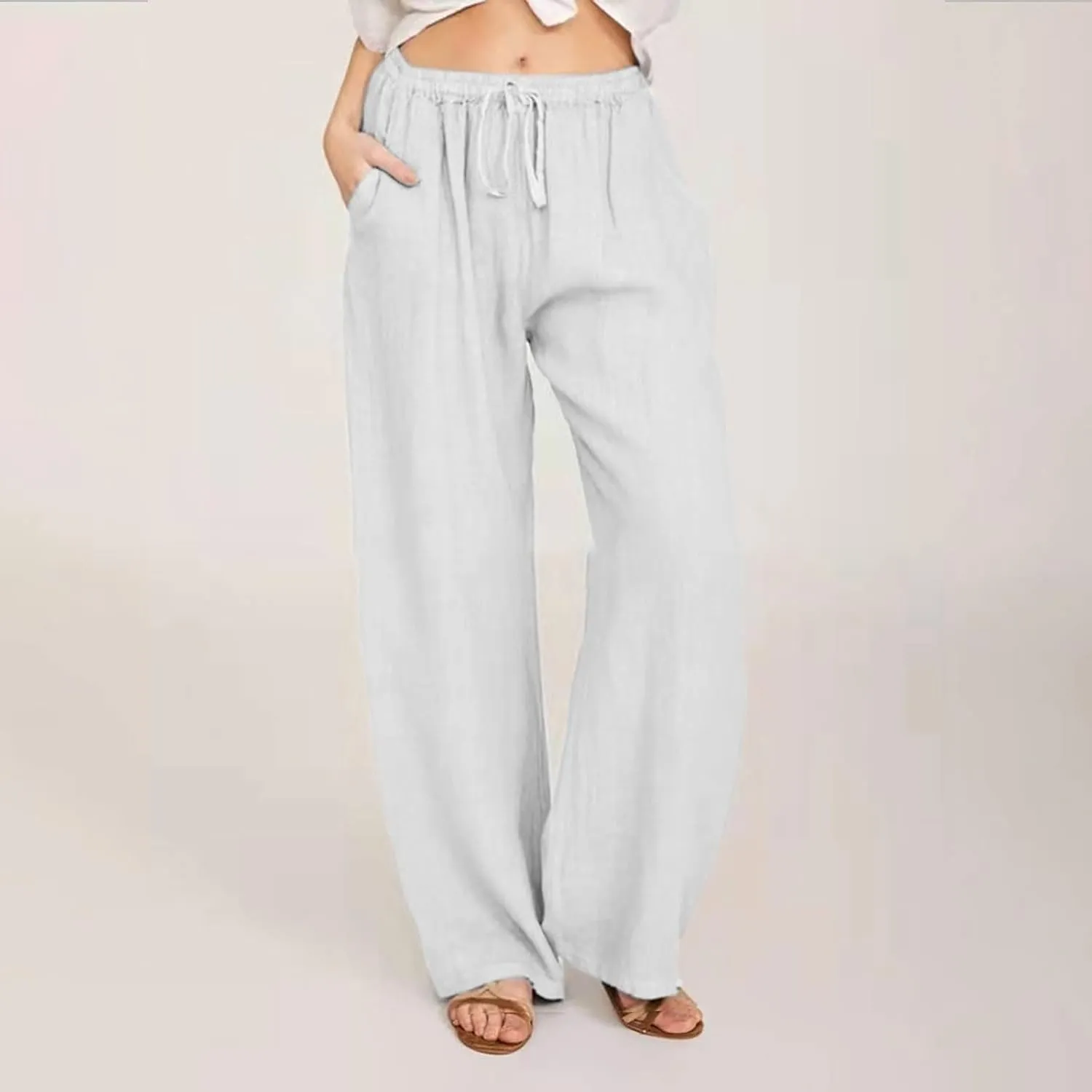 Linen Wide Leg Pants for Women Casual Summer 2024 Loose Comfy Lounge Pant Resort Wear Beach Drawstring Trousers