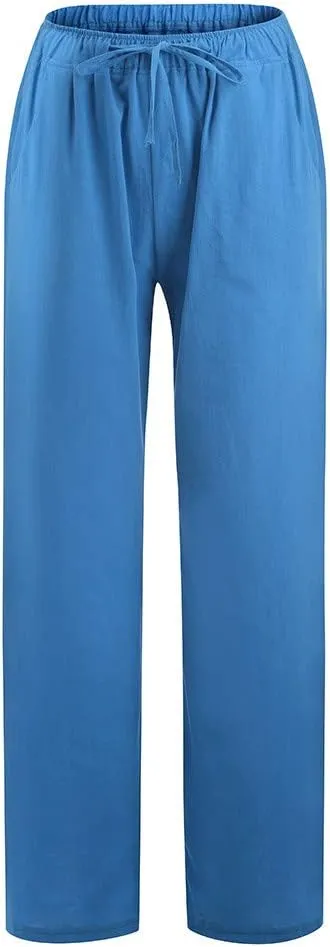 Linen Wide Leg Pants for Women Casual Summer 2024 Loose Comfy Lounge Pant Resort Wear Beach Drawstring Trousers