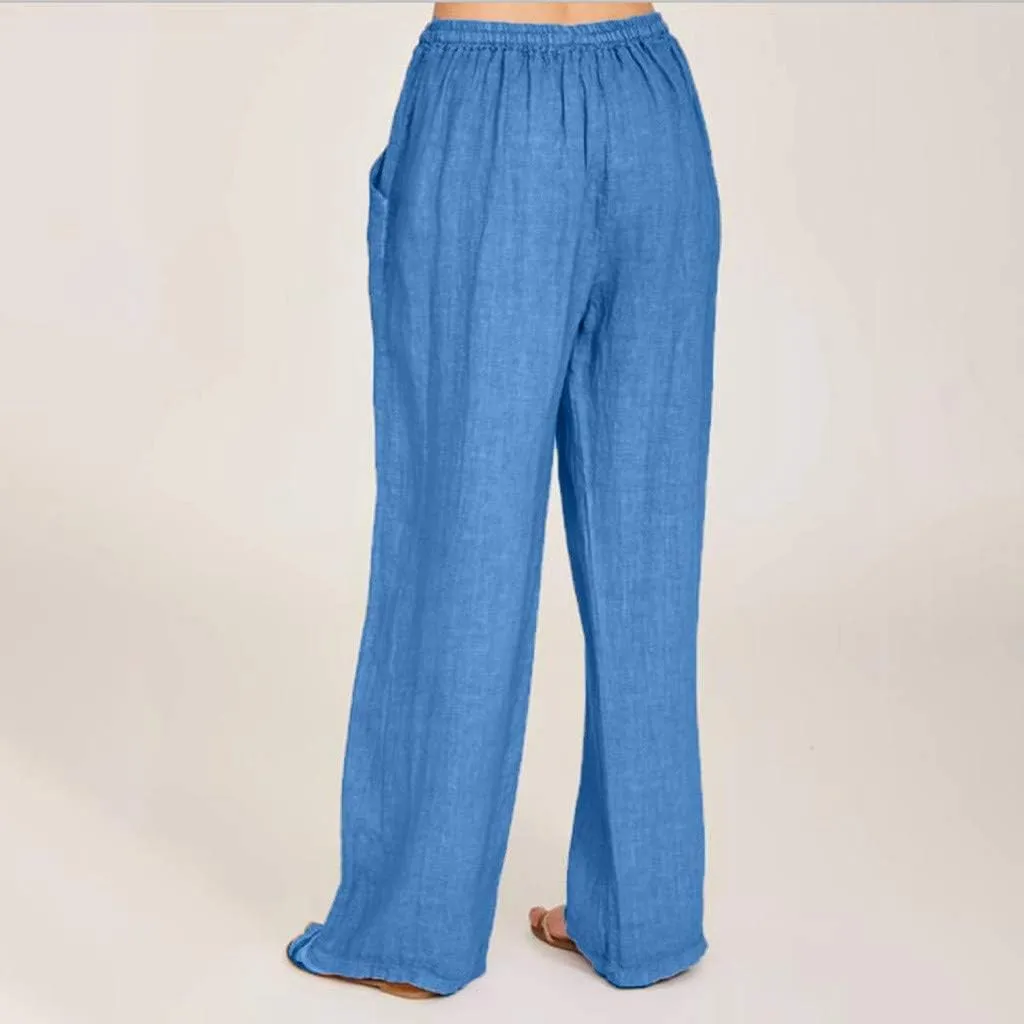 Linen Wide Leg Pants for Women Casual Summer 2024 Loose Comfy Lounge Pant Resort Wear Beach Drawstring Trousers