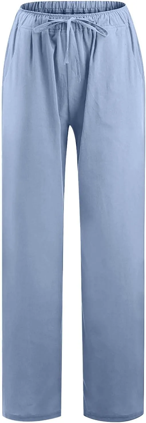Linen Wide Leg Pants for Women Casual Summer 2024 Loose Comfy Lounge Pant Resort Wear Beach Drawstring Trousers