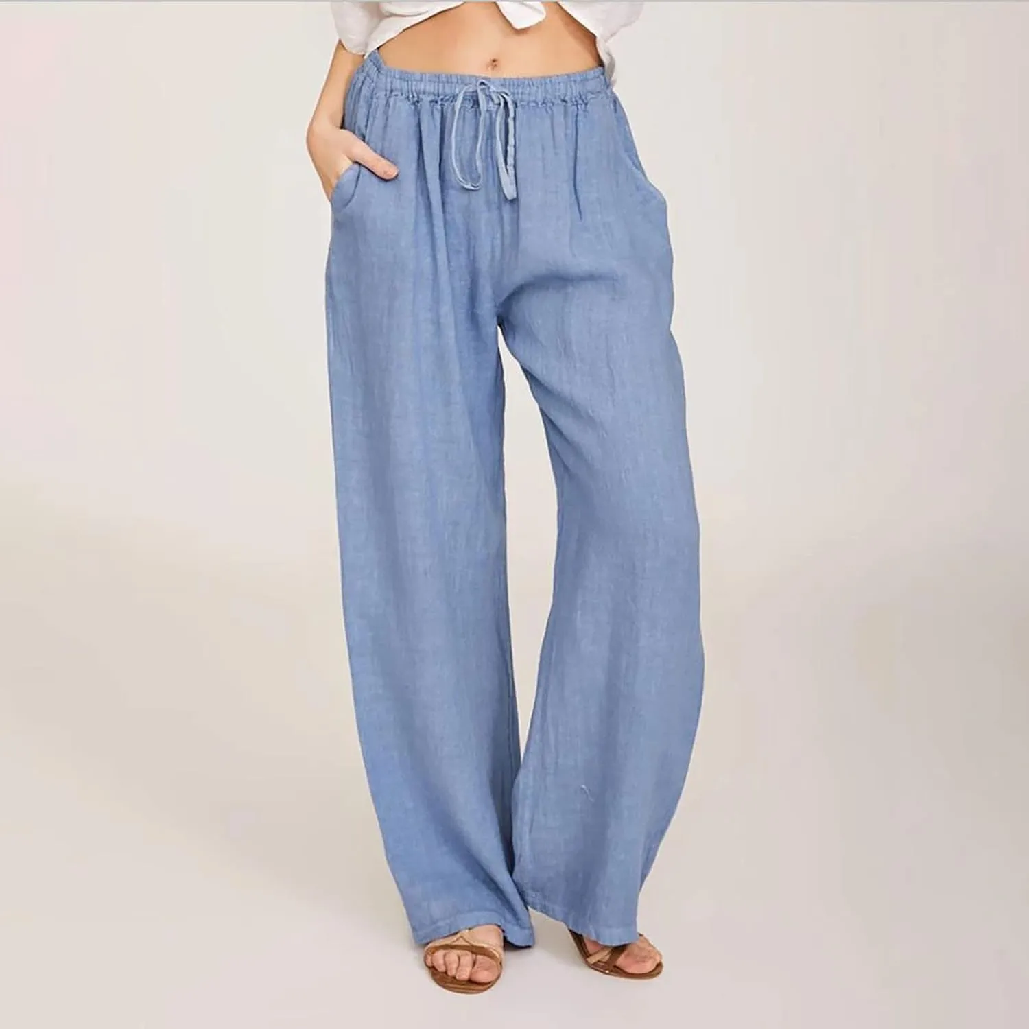 Linen Wide Leg Pants for Women Casual Summer 2024 Loose Comfy Lounge Pant Resort Wear Beach Drawstring Trousers