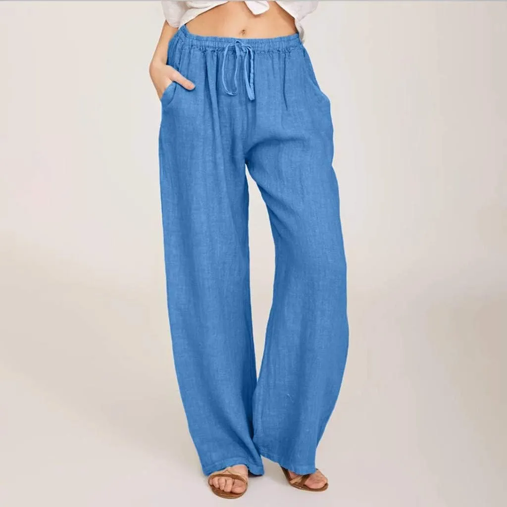 Linen Wide Leg Pants for Women Casual Summer 2024 Loose Comfy Lounge Pant Resort Wear Beach Drawstring Trousers