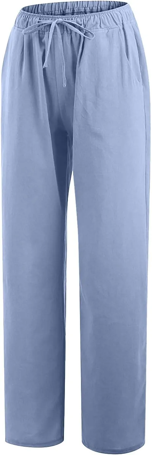 Linen Wide Leg Pants for Women Casual Summer 2024 Loose Comfy Lounge Pant Resort Wear Beach Drawstring Trousers