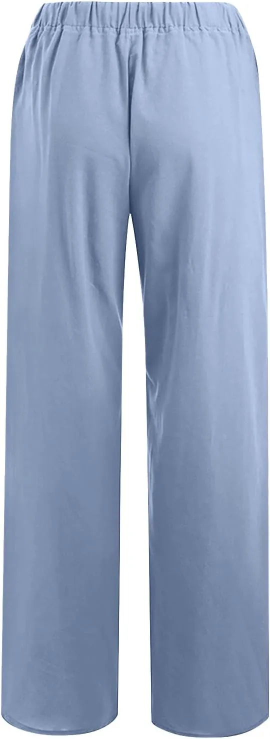 Linen Wide Leg Pants for Women Casual Summer 2024 Loose Comfy Lounge Pant Resort Wear Beach Drawstring Trousers