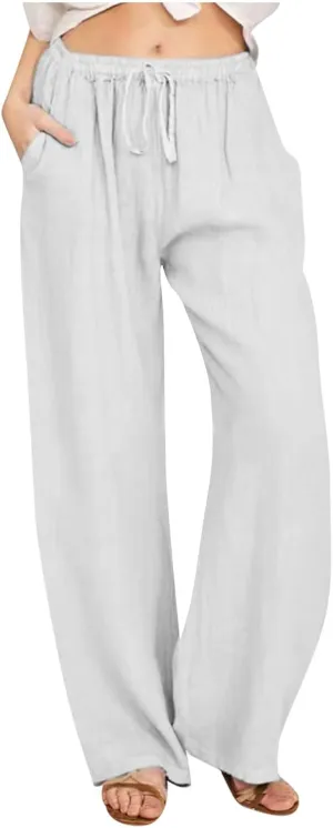 Linen Wide Leg Pants for Women Casual Summer 2024 Loose Comfy Lounge Pant Resort Wear Beach Drawstring Trousers