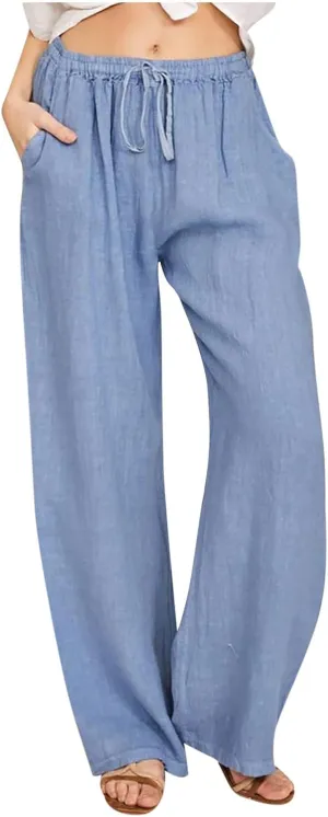 Linen Wide Leg Pants for Women Casual Summer 2024 Loose Comfy Lounge Pant Resort Wear Beach Drawstring Trousers