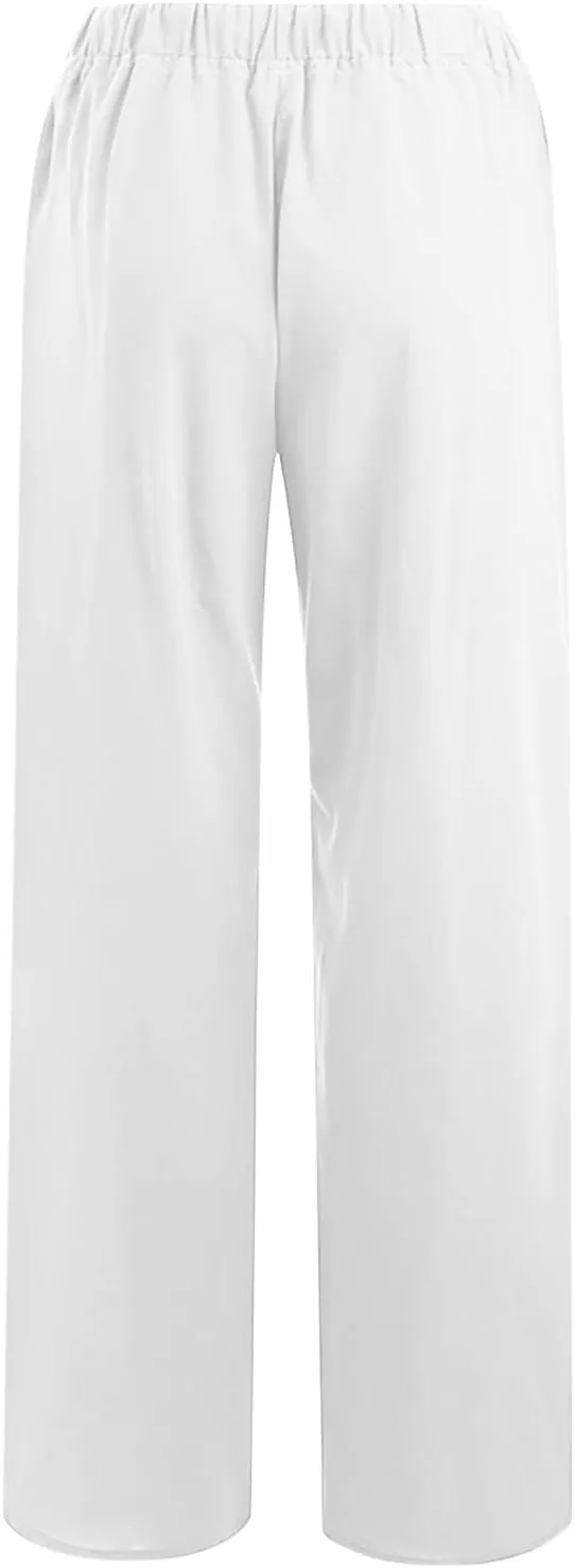 Linen Wide Leg Pants for Women Casual Summer 2024 Loose Comfy Lounge Pant Resort Wear Beach Drawstring Trousers
