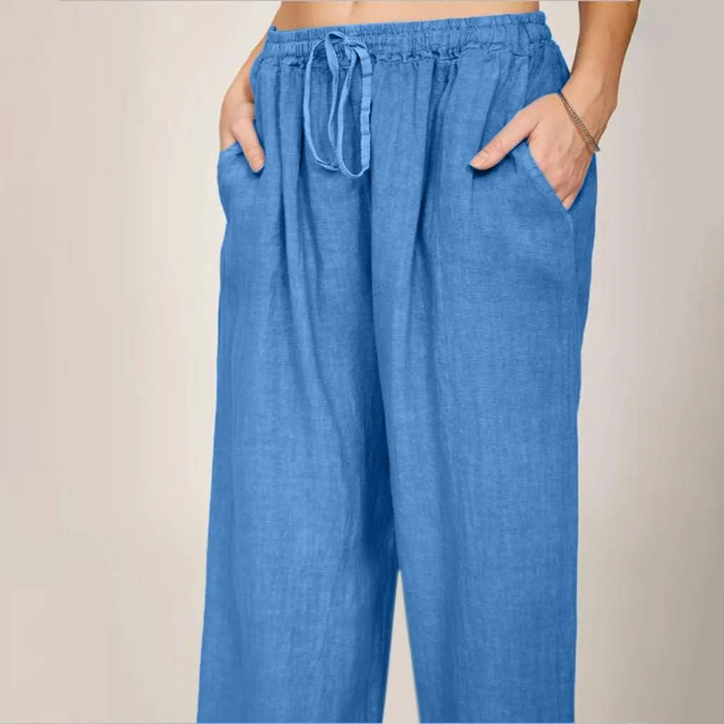 Linen Wide Leg Pants for Women Casual Summer 2024 Loose Comfy Lounge Pant Resort Wear Beach Drawstring Trousers