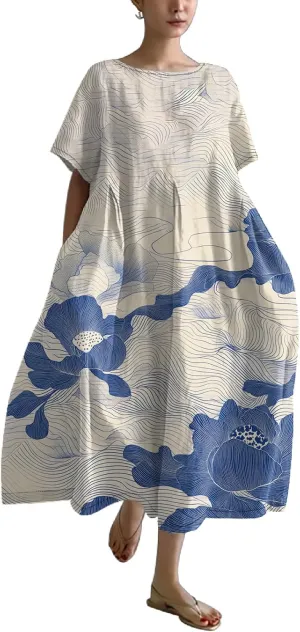 LOAIHA Boho Dress for Women Baggy Plus Size Floral Maxi Dress Summer Bohemian Dress Casual Long Dress Flowy Boho Dresses