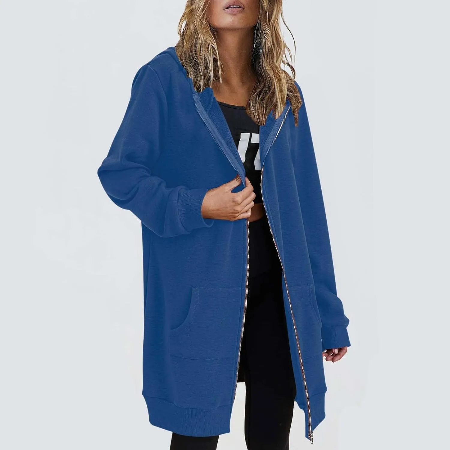 Long Hoodie for Women 2024 Casual Zip Up Drawstring Fleece Sweatshirt Oversized Jackets Coat Fall Clothes