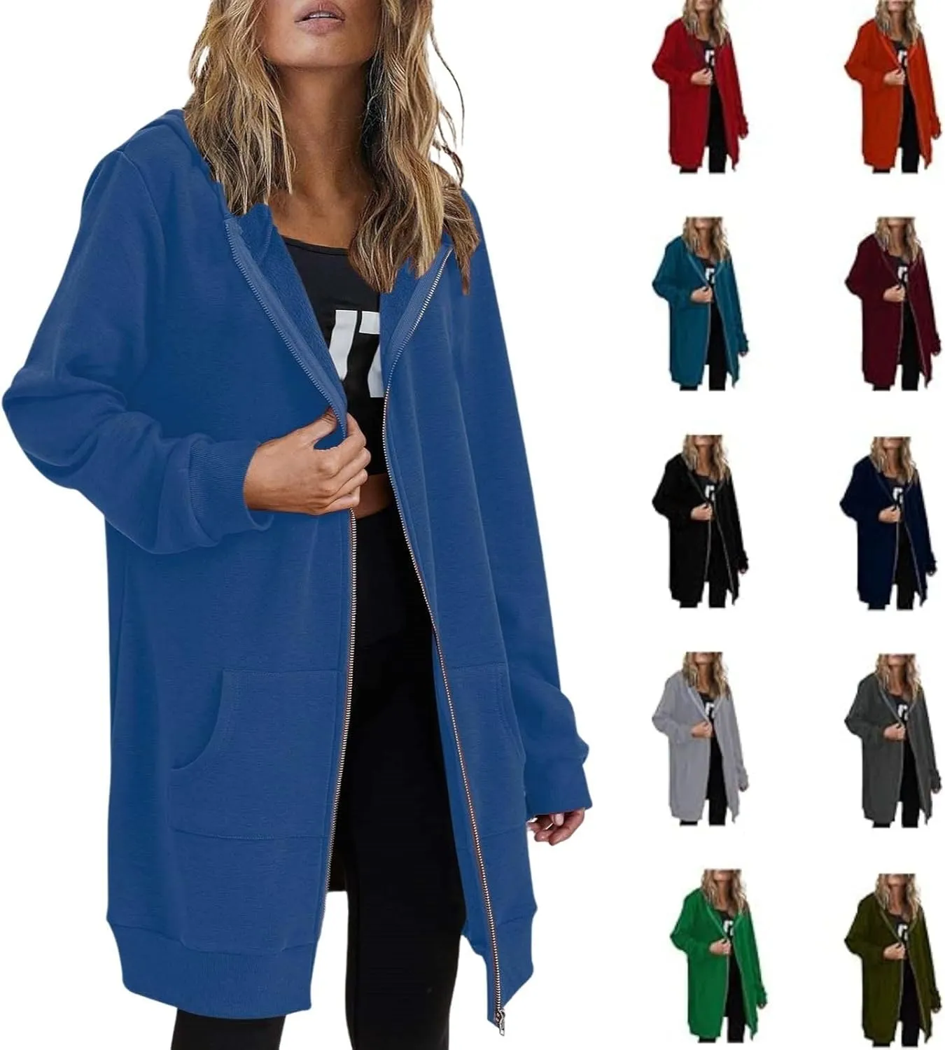 Long Hoodie for Women 2024 Casual Zip Up Drawstring Fleece Sweatshirt Oversized Jackets Coat Fall Clothes