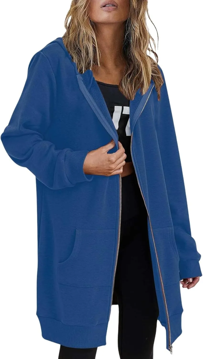 Long Hoodie for Women 2024 Casual Zip Up Drawstring Fleece Sweatshirt Oversized Jackets Coat Fall Clothes