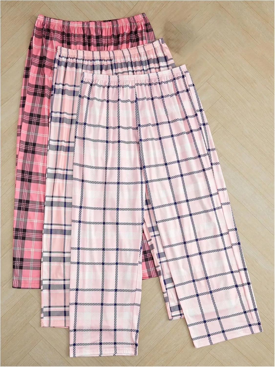 MakeMeChic Women's 3 Pack Pajama Pants Plaid Elastic Waist Sleep Pants Comfy Loungewear XS-5XL