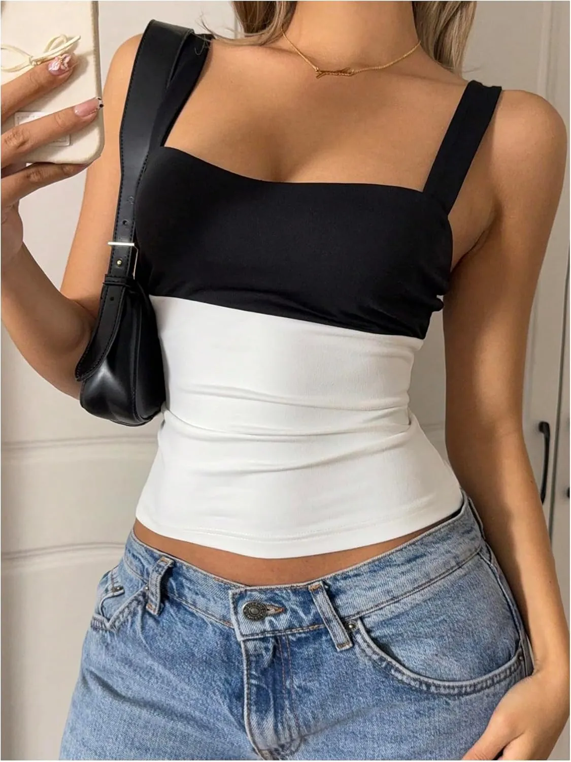 MakeMeChic Women's Colorblock Square Neck Fitted Summer Tank Tops Camisole