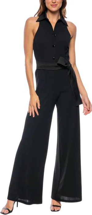 Marina Collared Sleeveless Tie Waist Scuba Crepe Jumpsuit
