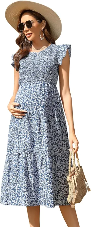 Maternity Dress Spring Women's Maternity Dresses A Line Sweetheart Neck Ruffle Flowy Mini Boho Maternity Dress for Wedding Guest Blue Florals#GL XX-Large