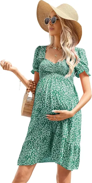 Maternity Dress Women's Maternity Dresses A Line Sweetheart Neck Ruffle Flowy Mini Boho Maternity Dress for Wedding Guest Bluefloral S