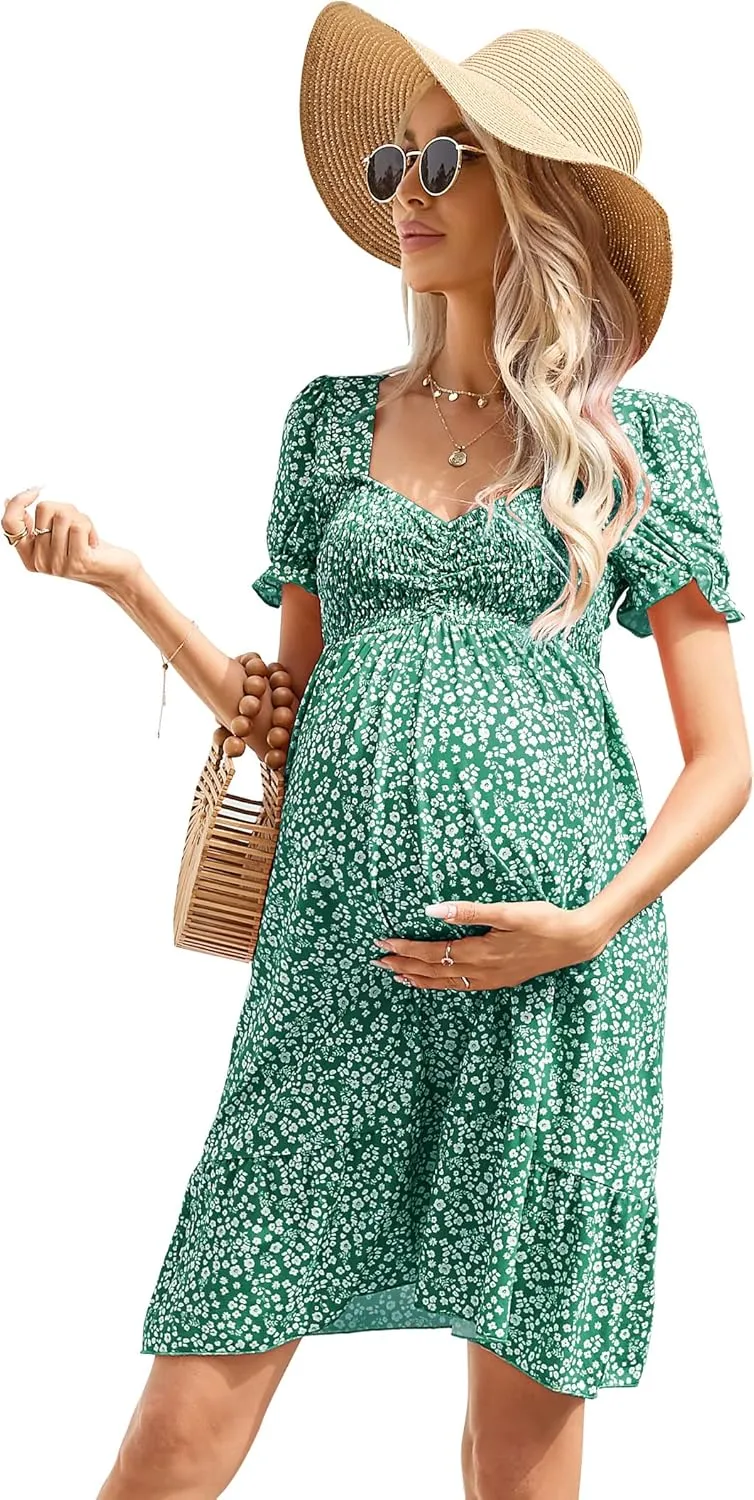 Maternity Dress Women's Maternity Dresses A Line Sweetheart Neck Ruffle Flowy Mini Boho Maternity Dress for Wedding Guest Bluefloral S