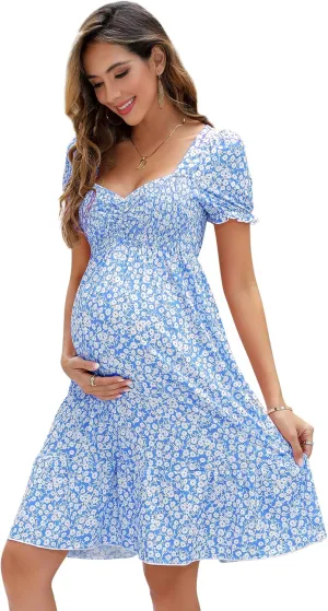 Maternity Dress Women's Maternity Dresses A Line Sweetheart Neck Ruffle Flowy Mini Boho Maternity Dress for Wedding Guest Lightbluefloral S