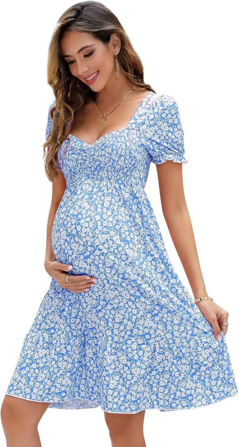 Maternity Dress Women's Maternity Dresses A Line Sweetheart Neck Ruffle Flowy Mini Boho Maternity Dress for Wedding Guest Lightbluefloral S