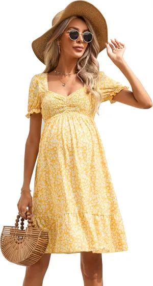Maternity Dress Women's Maternity Dresses A Line Sweetheart Neck Ruffle Flowy Mini Boho Maternity Dress for Wedding Guest yellowfloral S