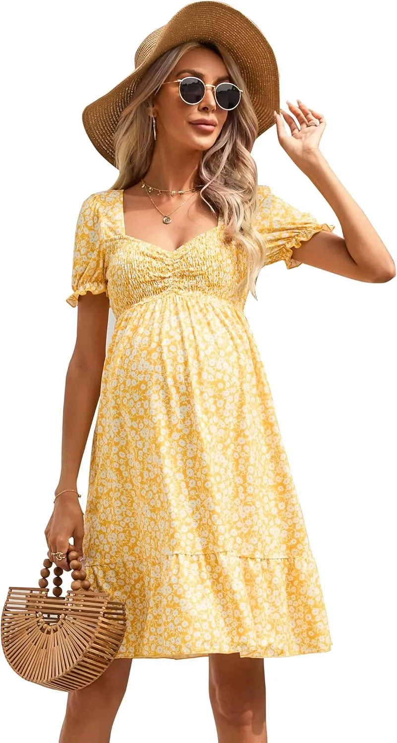 Maternity Dress Women's Maternity Dresses A Line Sweetheart Neck Ruffle Flowy Mini Boho Maternity Dress for Wedding Guest yellowfloral S